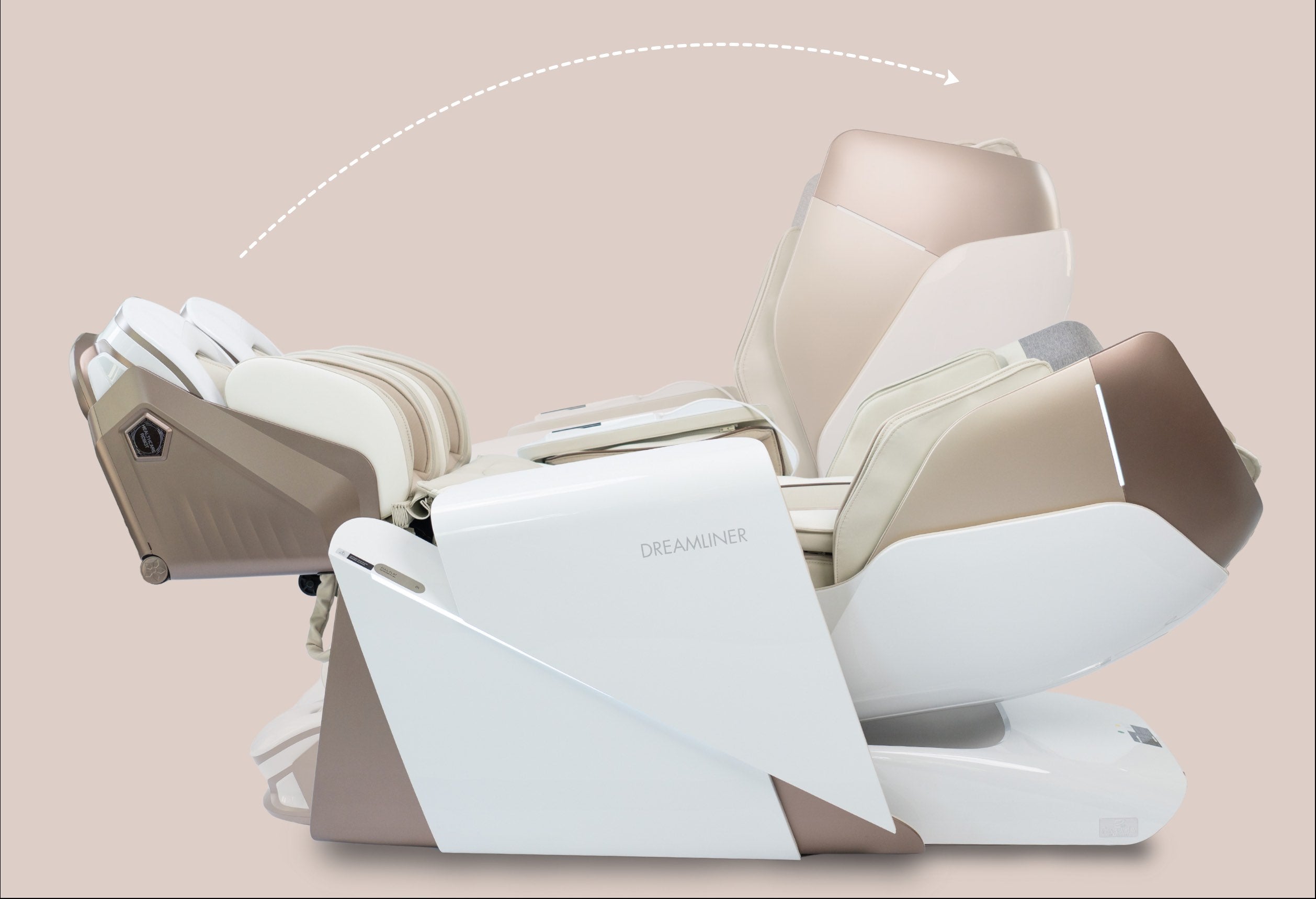 Grafika przedstawia dwie pozycje fotela masującego Dreamliner - złożoną i maksymalnie rozłożoną, prezentując jego maksymalny zakres ruchu.