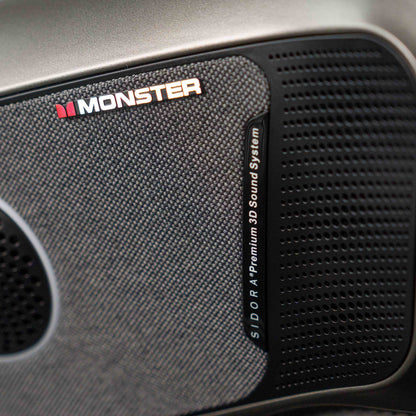 Zbliżenie na napis Sidora Premium 3D sound system na głośnikach bluetooth w fotelu masującym Imperio w szarej wersji kolorystycznej
