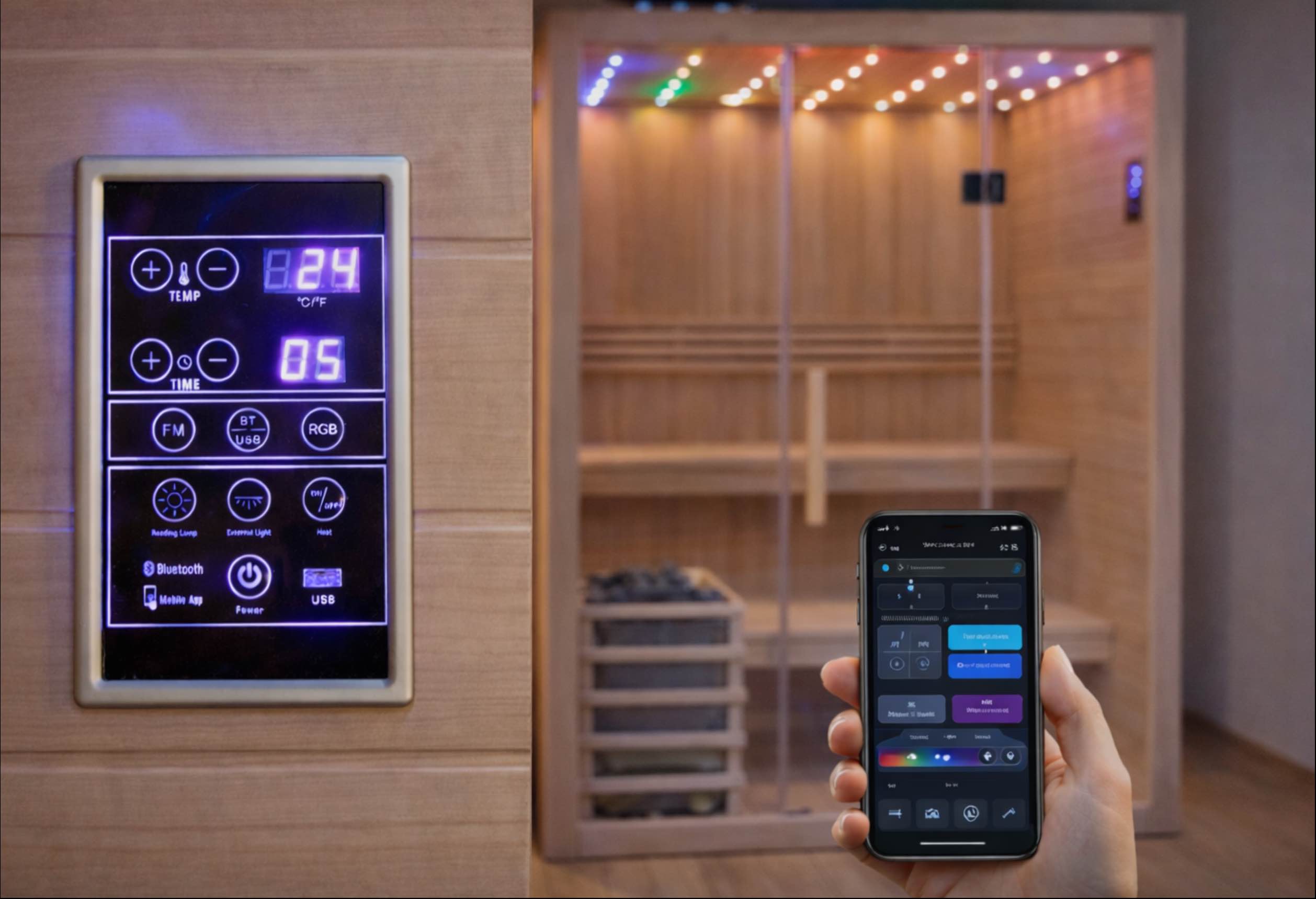 W tle sauna fińska z włączonym światłem typu "gwiaździste niebo" Na pierwszym planie elektroniczny panel sterowania i telefon komórkowy z aplikacją do sterowania oświetleniem sauny.