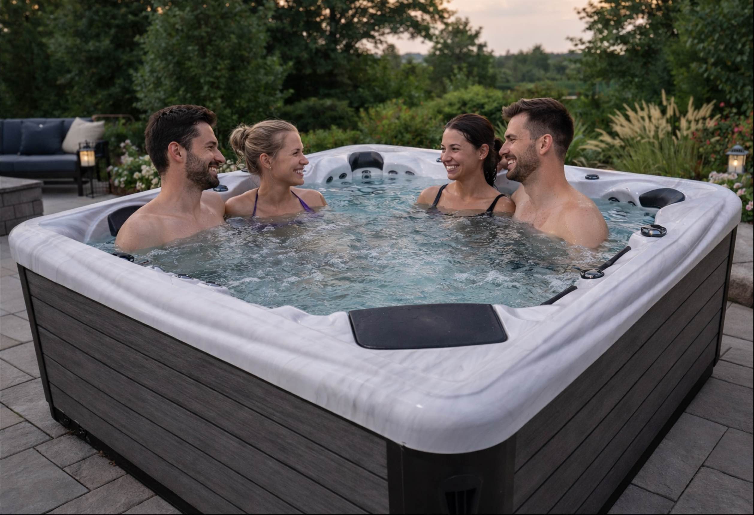 Dwie pary młodych ludzi siedzą w jacuzzi. Uśmiechają się do siebie.